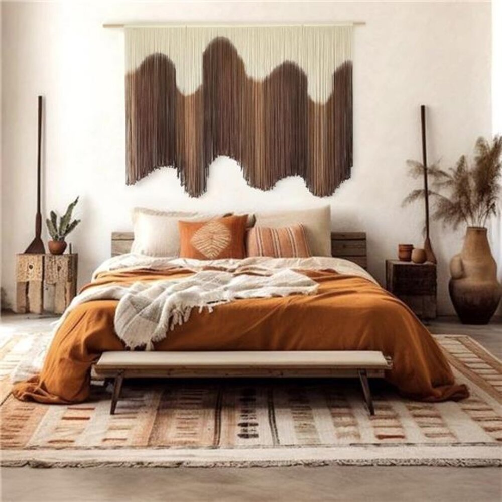 NEW Anthro XL Boho Tapestry Wavy Brown Macrame Woven Dyed Yarn Wall Hanging 58" - Picture 4 of 11
